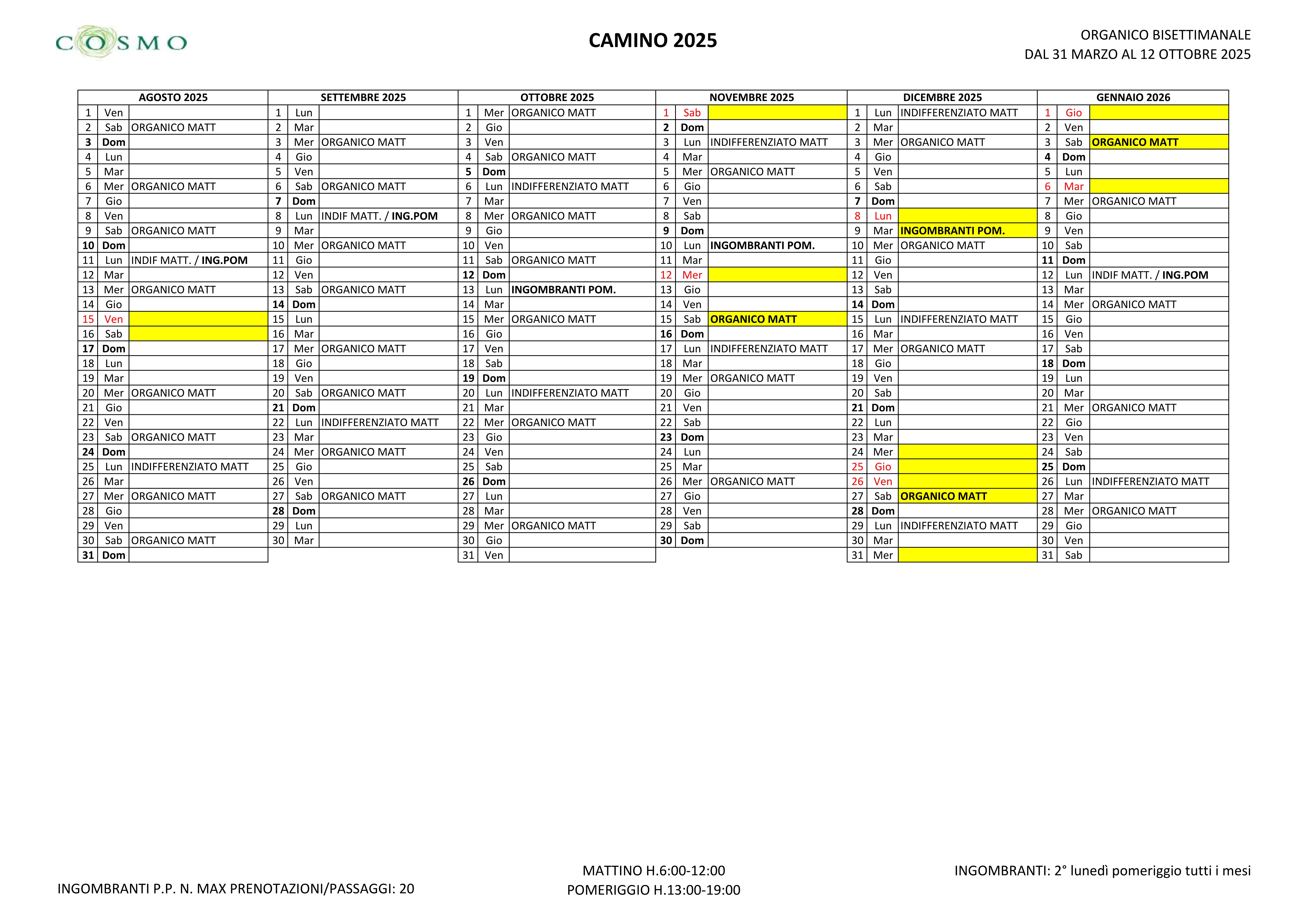 Modifica Calendario Raccolta Organico - Cosmo